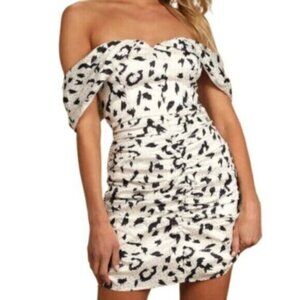 Lulu’s | It's Fierce Ivory Leopard Print Satin Off-the-Shoulder Dress Size Small